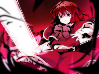 Woman red hair sword red - a red background behind her free wallpaper