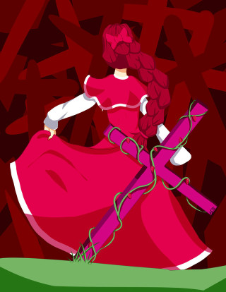 Woman pink dress cross red - a green field free wallpaper