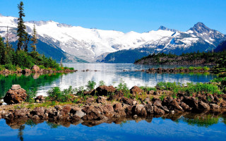 Mountain lake reflection rocks grass - white snow free wallpaper