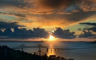 Bridge sunset water clouds city - over the water free wallpaper