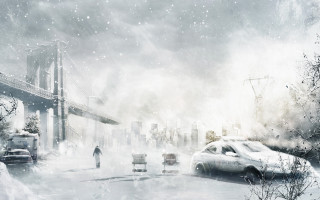 Man walking snow bridge cityscape - matte painting concept art free wallpaper