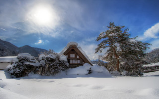 Snowy house mountains forest sky - art free wallpaper