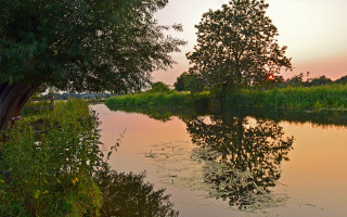 Lake trees grass sunset autumn - impressionist free wallpaper