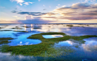 Lake sky clouds grass bridge - a large body of water free wallpaper