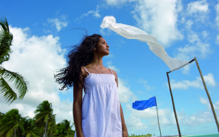 Woman beach white dress blue - a beach free wallpaper