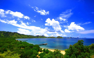 Blue sky clouds beach forest - beautiful scenery free wallpaper for desktop