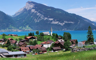 Village mountain water church scenery - the hill free wallpaper