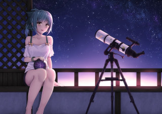 Girl sitting telescope night sky - a night sky free wallpaper