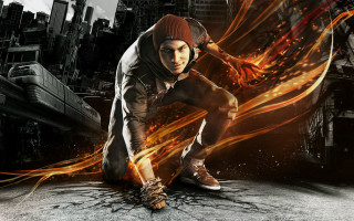 Crouching man fire ice cityscape - art free wallpaper
