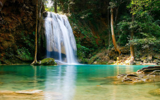 Waterfall bridge forest lake sky - a body of water below free wallpaper