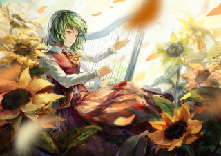 Green hair woman harp sunflowers - green hair free wallpaper