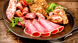 Plate meats vegetables wooden table - the side of the plate free wallpaper