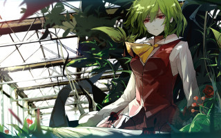 Woman red dress greenhouse plants - a yellow bow free wallpaper