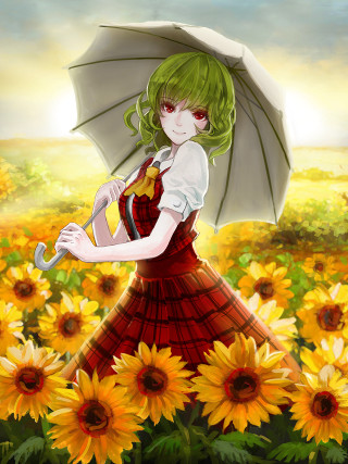Woman green hair umbrella field - official free wallpaper