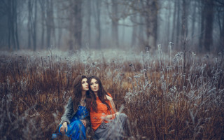 Two women field woods snow - impressionist free wallpaper