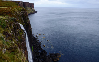 Waterfall cliff ocean clouds mountains - archibald skirving free wallpaper