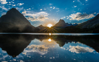 Mountain lake sunrise clouds blue - alson s. clark free wallpaper