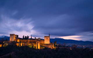 Castle mountains night sky clouds - a few light free wallpaper
