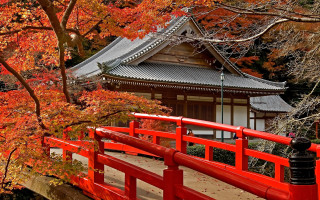 Red bridge fall leaves pagoda - eishōsai chōki free wallpaper