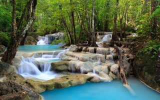 Waterfall forest blue rocks pond - the side of the waterfall free wallpaper