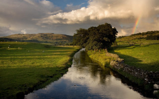 Lush green river rainbow sunset - a lush green field under a cloudy sky free wallpaper