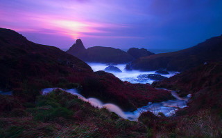 Lush river hillside purple sunset - rich free wallpaper