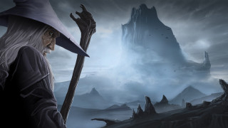 Wizard staff mountain foggy sky - andreas rocha free wallpaper