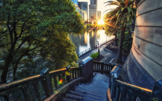 Stairway river city sunset figure - a stairway free wallpaper