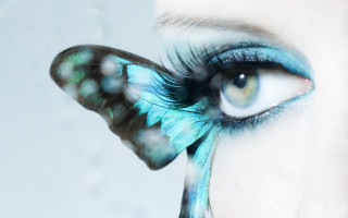 Woman blue green makeup butterfly - realistic eye free wallpaper