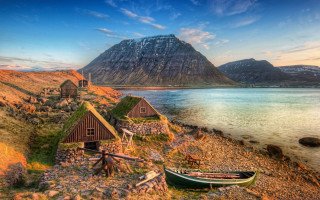 Lake mountain shore boat house - roof free wallpaper