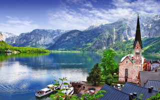 Lake church boat mountains clouds 2 - beautiful landscape free wallpaper for desktop