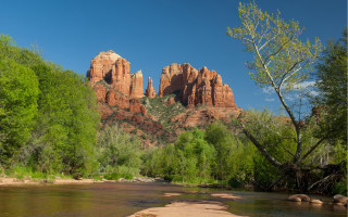 Lush river forest mountain sky - a mountain range in the distance free wallpaper