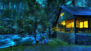 Cabin river night litwindow porch - a cabin free wallpaper