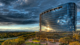 Large building sky trees road - modernism free wallpaper