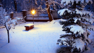 Snowy yard bench lamppost fence - a picture free wallpaper