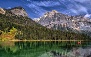 Mountain lake canoe forest sky 2 - douglas robertson bisset free wallpaper