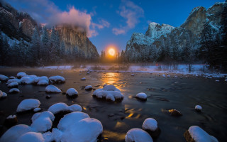River mountain fullmoon starry night - naturalism free wallpaper
