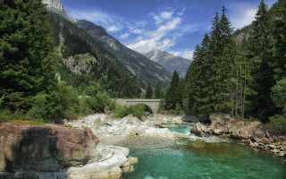 River bridge mountains forests rocks - a river free wallpaper for desktop