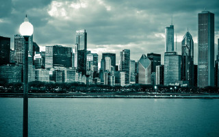 City skyline water clouds architecture - a few cloud free wallpaper