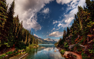 River mountains forest clouds sunset - tree and mountains under a cloudy sky free wallpaper