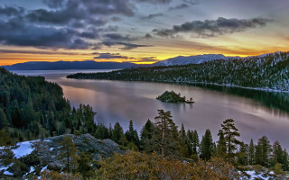 Lake mountains trees sunset cloudy 3 - a small island in the middle free wallpaper