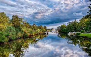 River boat trees cloudy sky - cloudy free wallpaper
