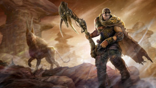 Man sword demon dog sky - epic fantasy character art free wallpaper