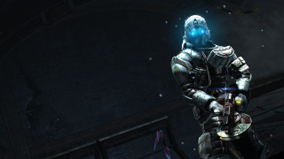 Futuristic man gun dark room - overhead free wallpaper