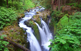 Small waterfall forest bridge bench - the side of the waterfall free wallpaper