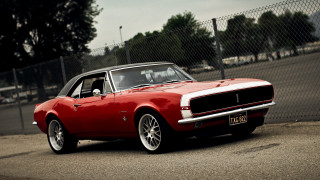 Red car fence city vehicle - a photorealistic painting free wallpaper for desktop