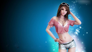Anime bikini shorts blue background - anime style free wallpaper