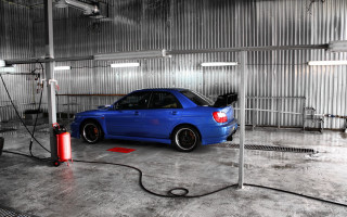 Blue car garage hose fire - a red fire hydrant free wallpaper