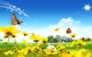 Yellow field butterfly house blue - a house in the background free wallpaper