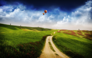 Dirt road green field hot - a hot air balloon free wallpaper